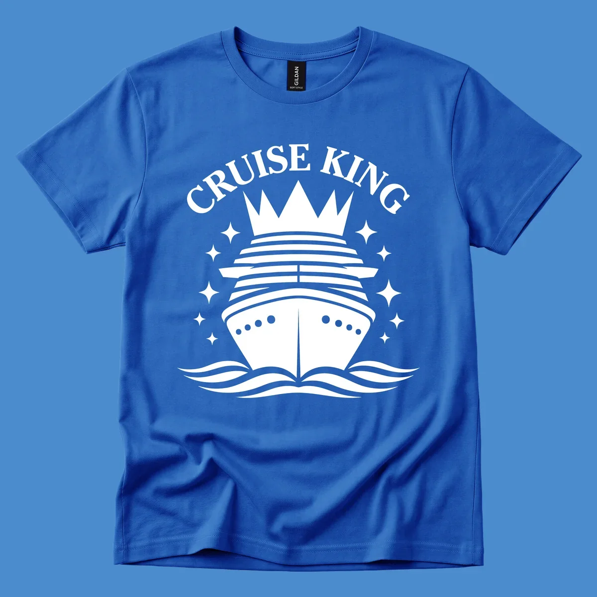 Cruise King crowned ship illustration with stars and waves.