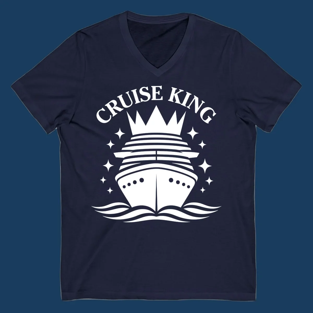 Cruise King crowned ship illustration with stars and waves.