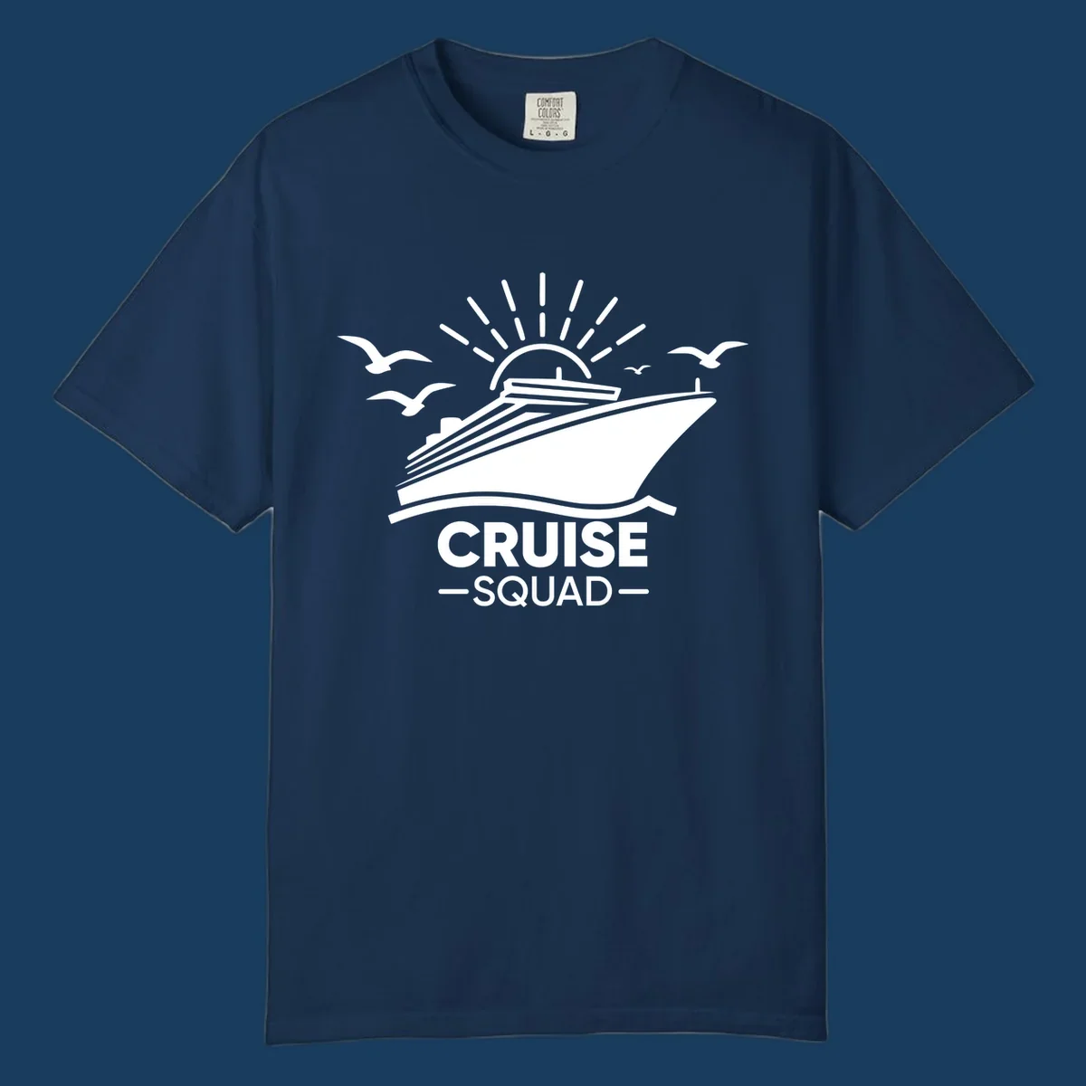 White silhouette of a cruise ship with sun rays and seagulls, text reads CRUISE SQUAD.