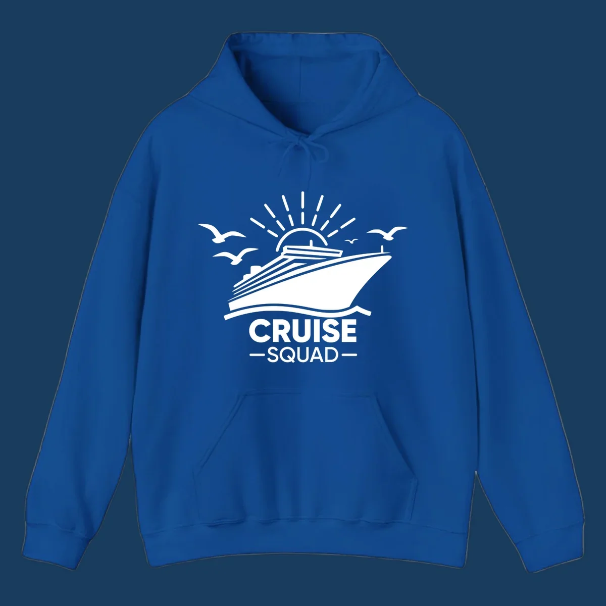 White silhouette of a cruise ship with sun rays and seagulls, text reads CRUISE SQUAD.