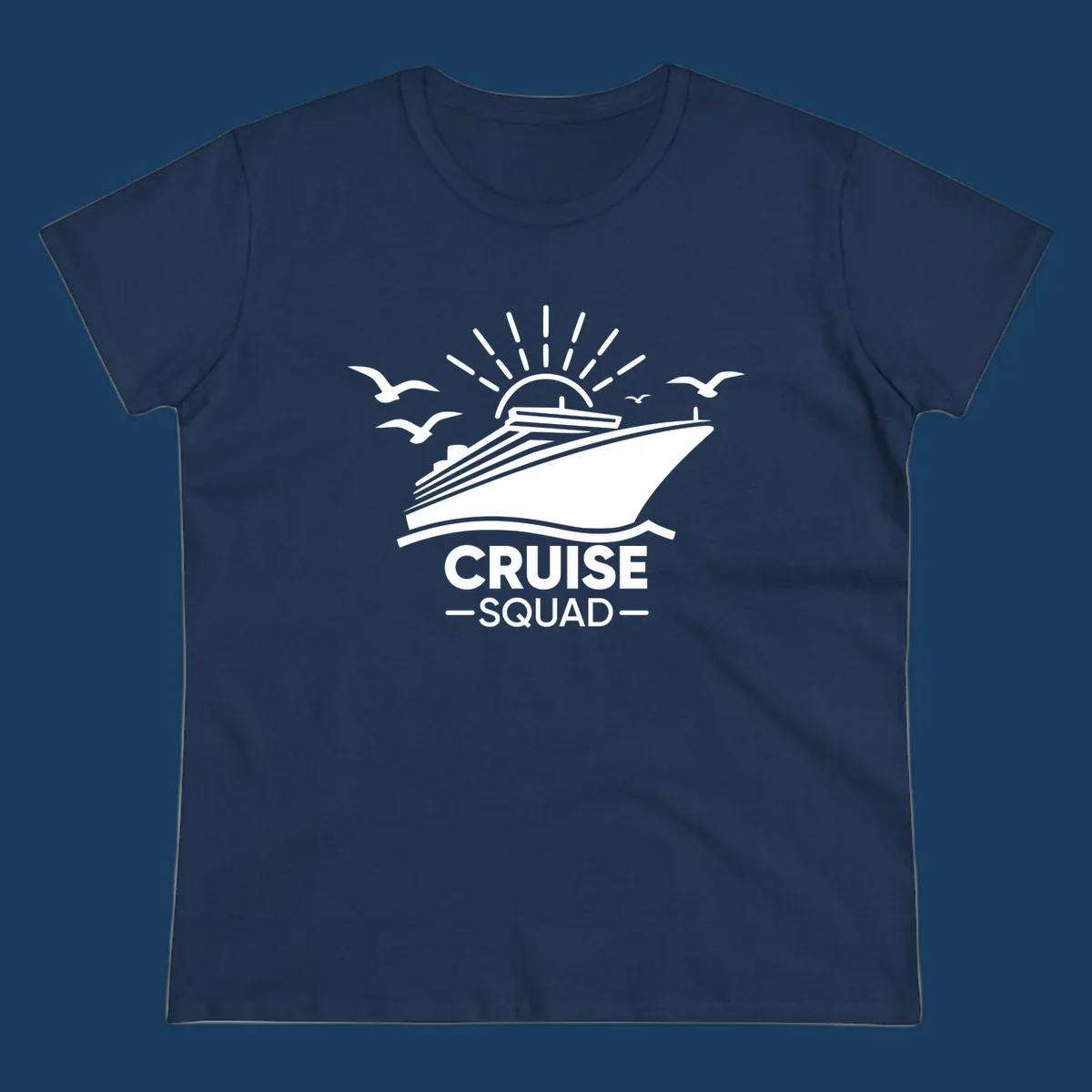 White silhouette of a cruise ship with sun rays and seagulls, text reads CRUISE SQUAD.