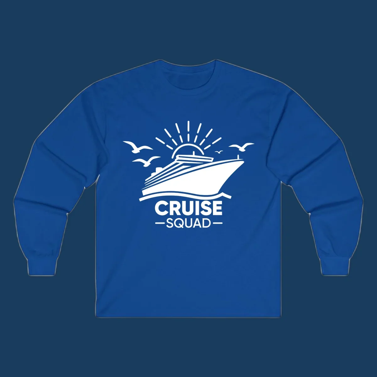 White silhouette of a cruise ship with sun rays and seagulls, text reads CRUISE SQUAD.
