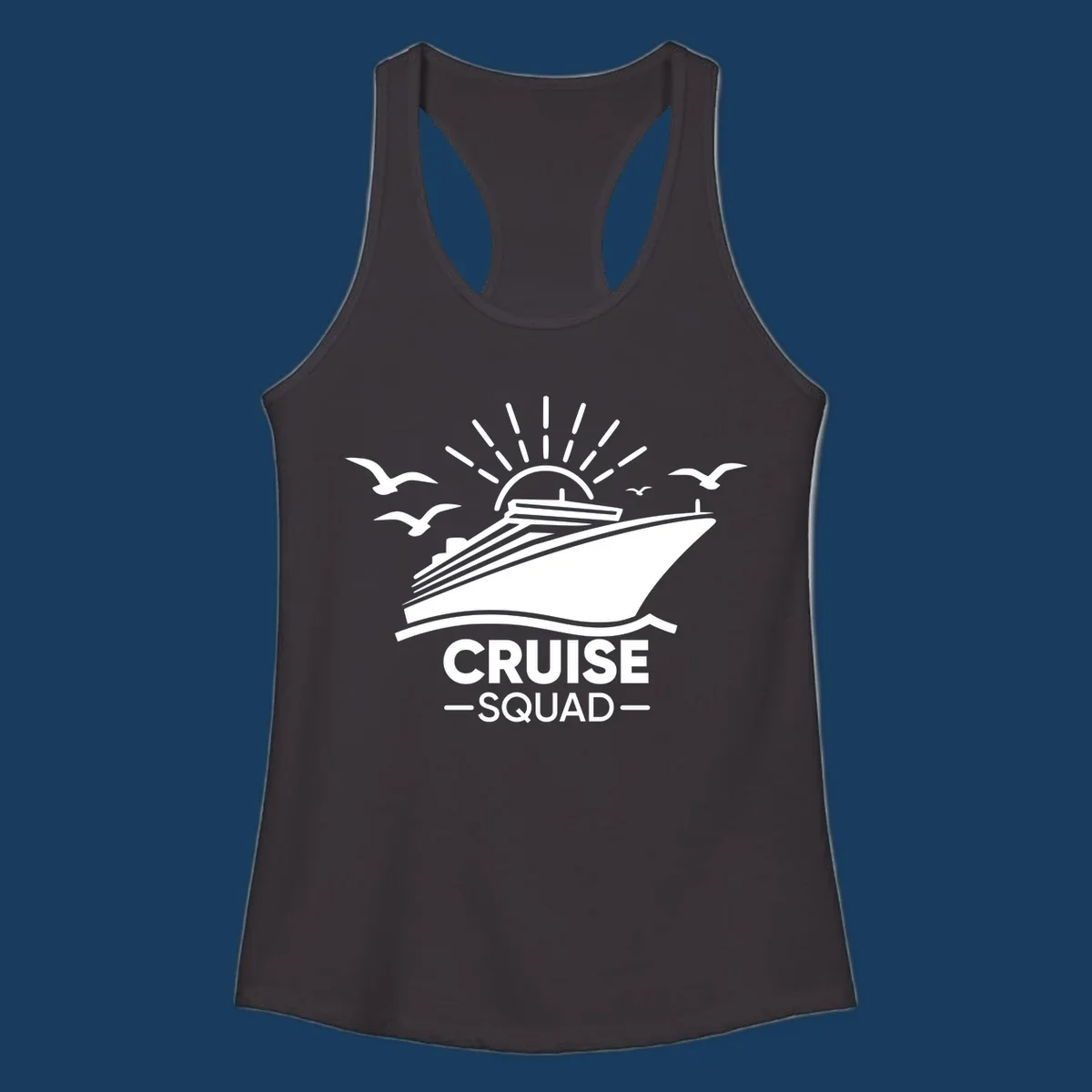 White silhouette of a cruise ship with sun rays and seagulls, text reads CRUISE SQUAD.