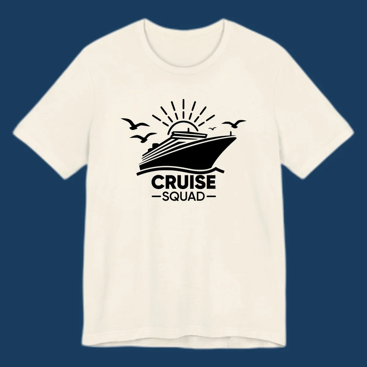 White silhouette of a cruise ship with sun rays and seagulls, text reads CRUISE SQUAD.