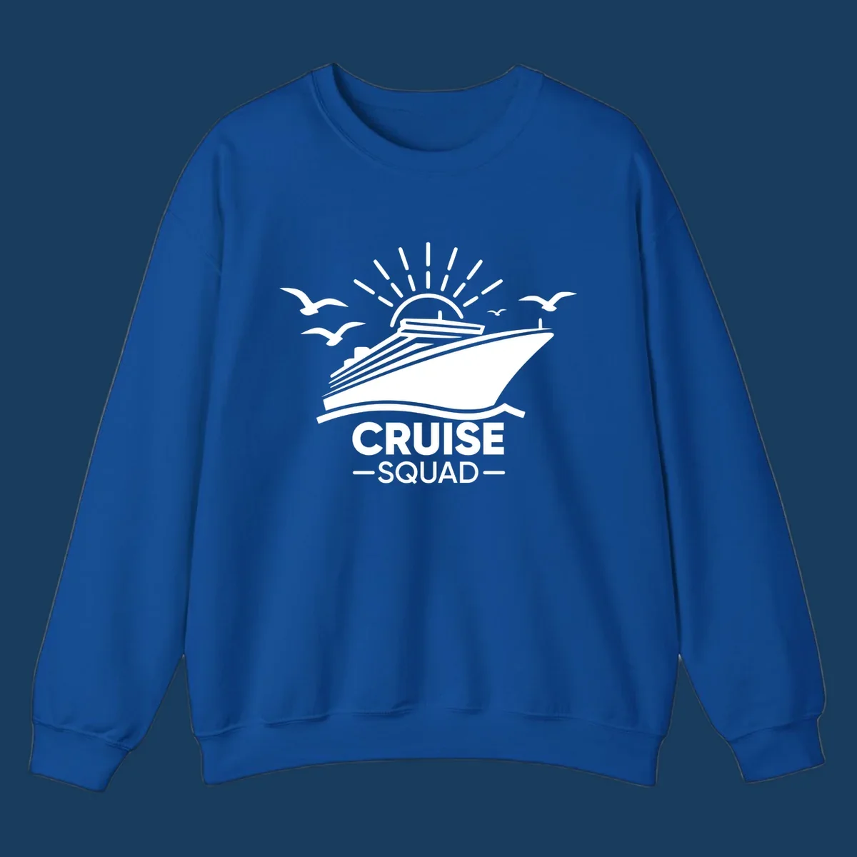 White silhouette of a cruise ship with sun rays and seagulls, text reads CRUISE SQUAD.