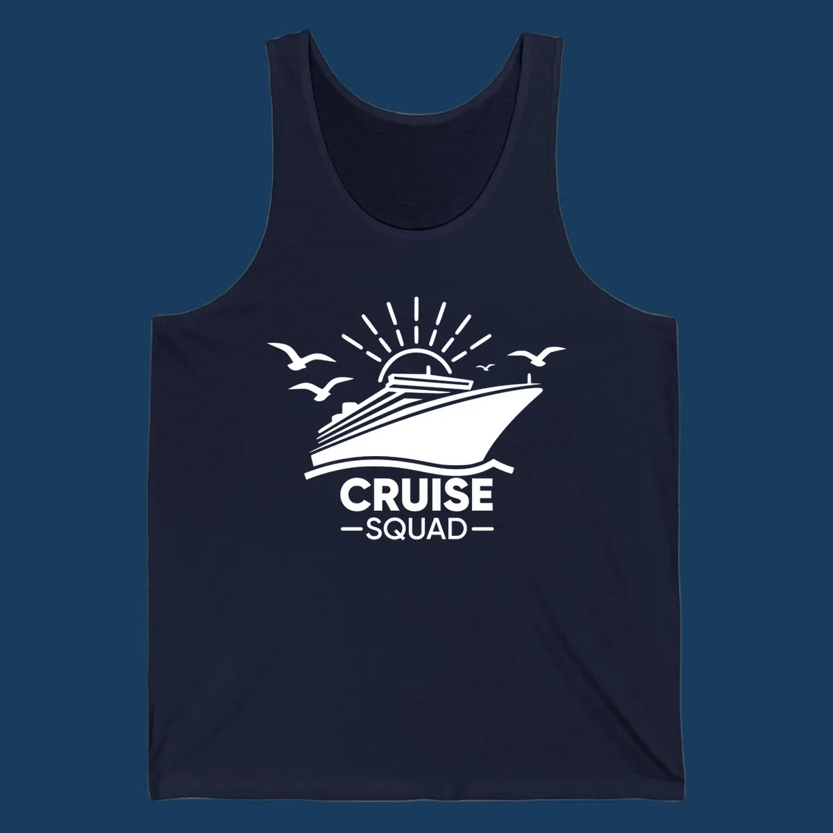 White silhouette of a cruise ship with sun rays and seagulls, text reads CRUISE SQUAD.