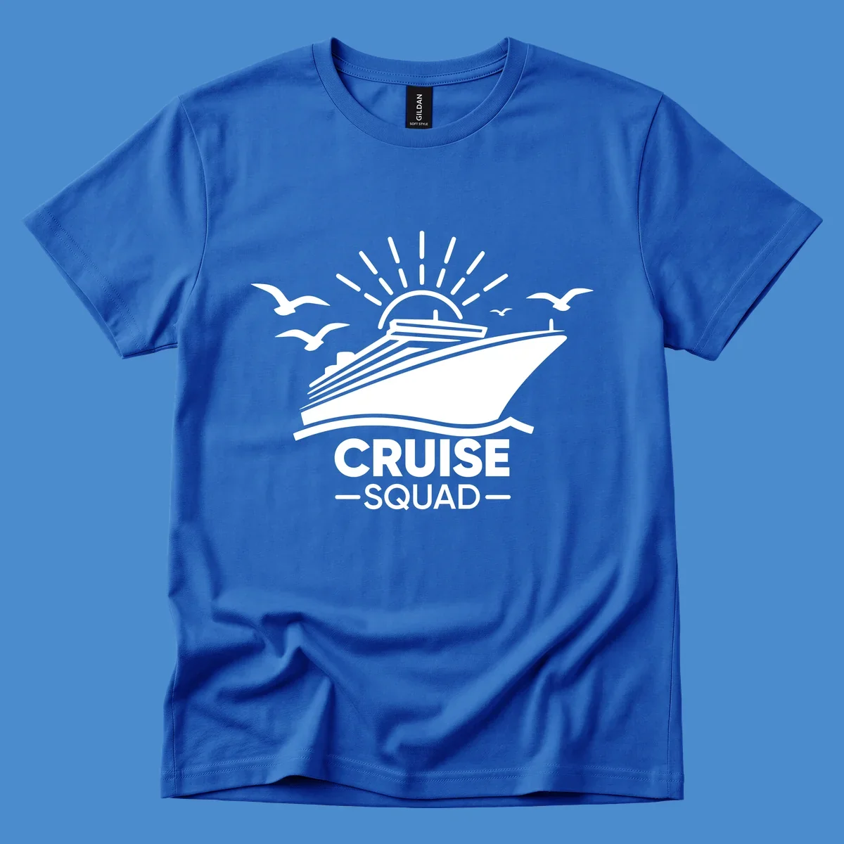 White silhouette of a cruise ship with sun rays and seagulls, text reads CRUISE SQUAD.