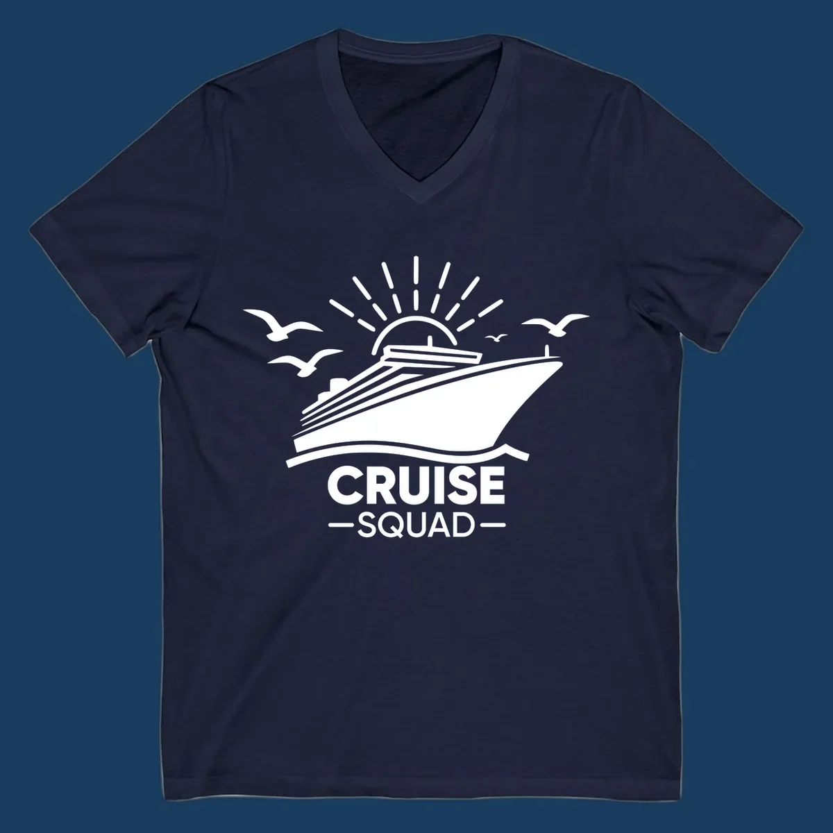 White silhouette of a cruise ship with sun rays and seagulls, text reads CRUISE SQUAD.