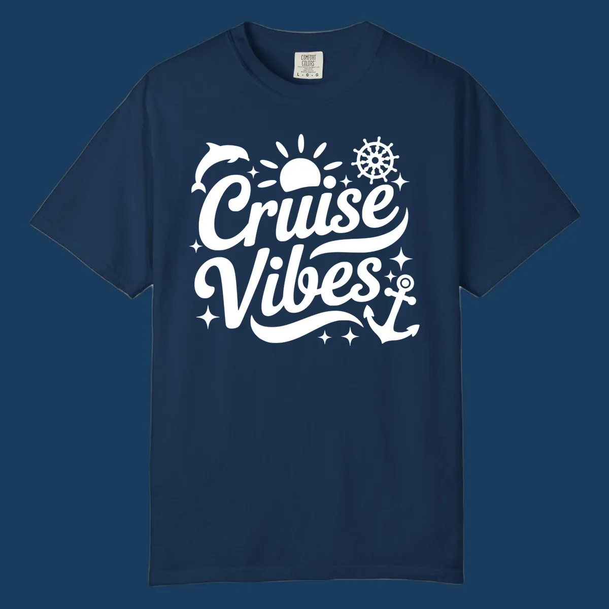 Cruise Vibes text with nautical elements like dolphin, sun, ship's wheel, and anchor.