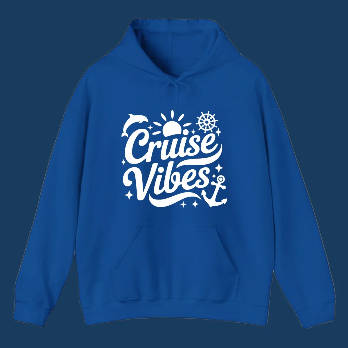 Cruise Vibes text with nautical elements like dolphin, sun, ship's wheel, and anchor.
