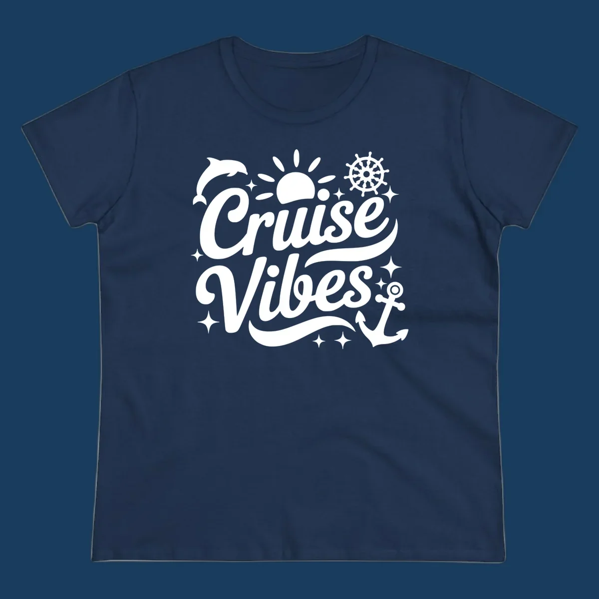 Cruise Vibes text with nautical elements like dolphin, sun, ship's wheel, and anchor.