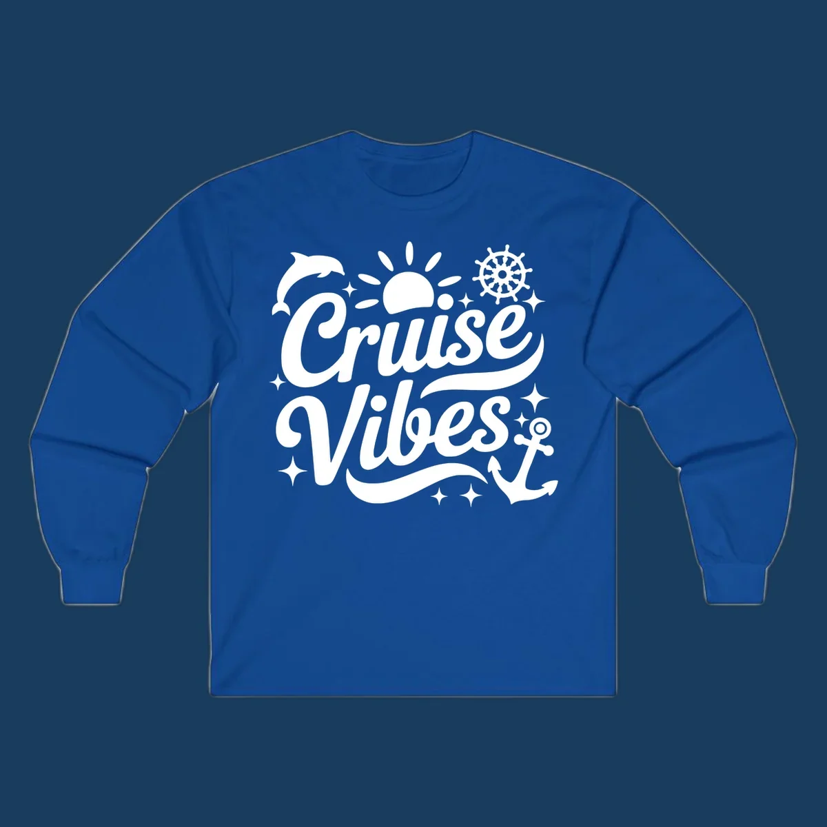 Cruise Vibes text with nautical elements like dolphin, sun, ship's wheel, and anchor.