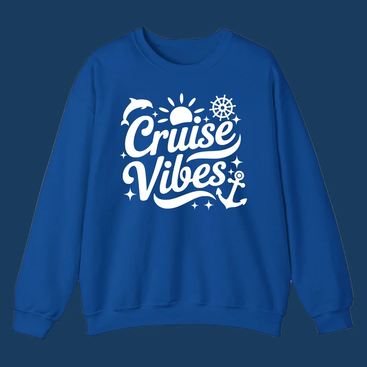 Cruise Vibes text with nautical elements like dolphin, sun, ship's wheel, and anchor.