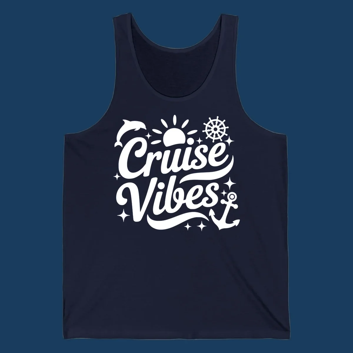 Cruise Vibes text with nautical elements like dolphin, sun, ship's wheel, and anchor.