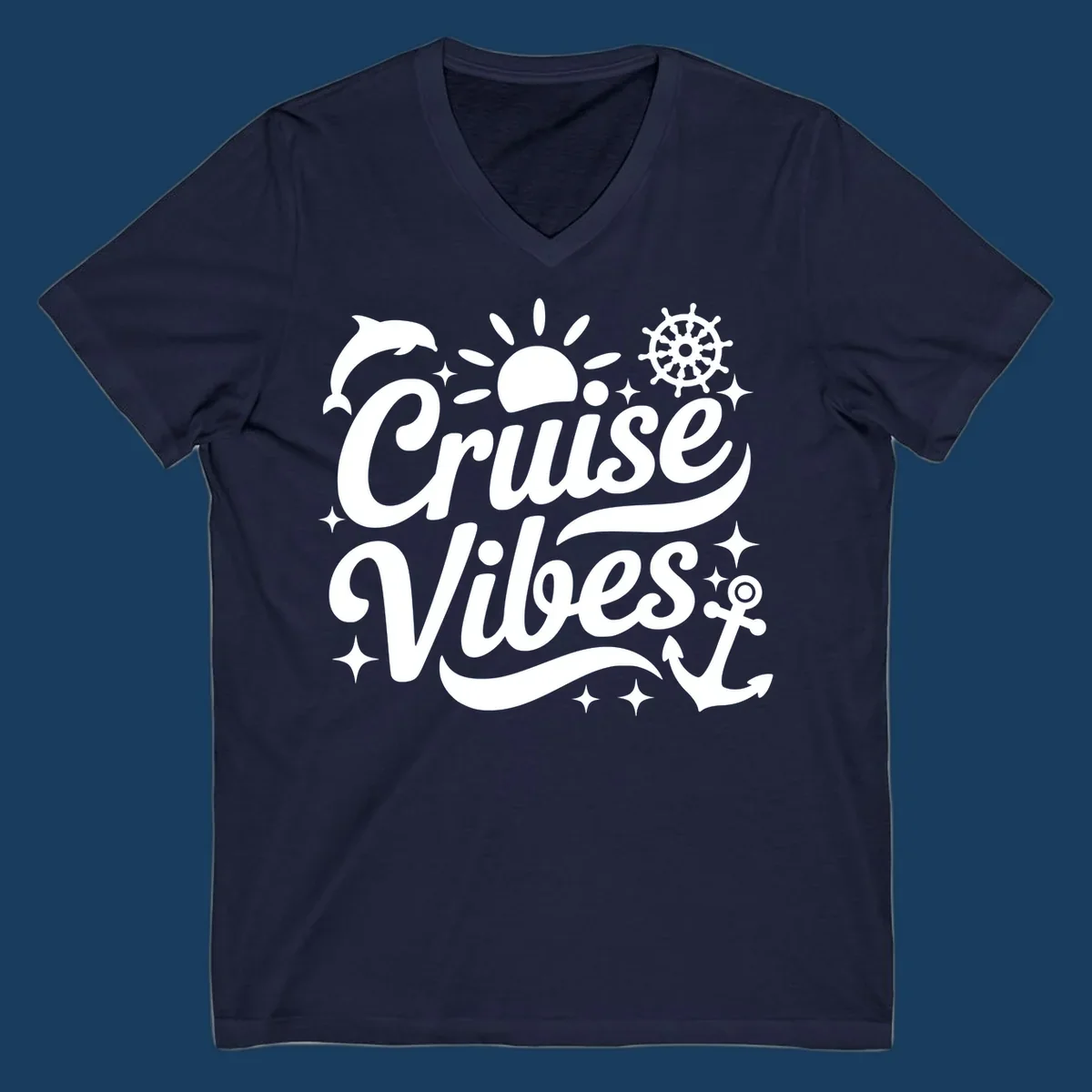 Cruise Vibes text with nautical elements like dolphin, sun, ship's wheel, and anchor.