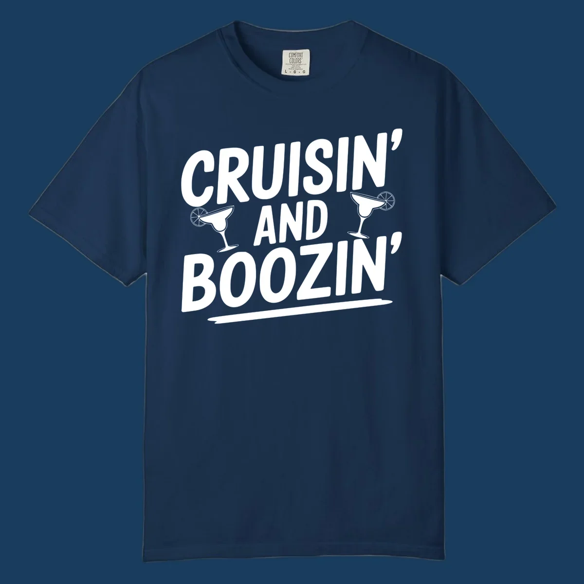 Cruisin' and Boozin' text with margarita glasses, white on black.