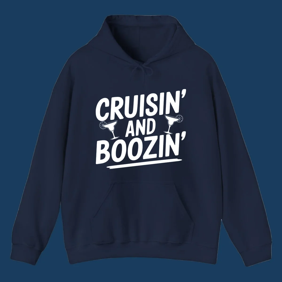 Cruisin' and Boozin' text with margarita glasses, white on black.