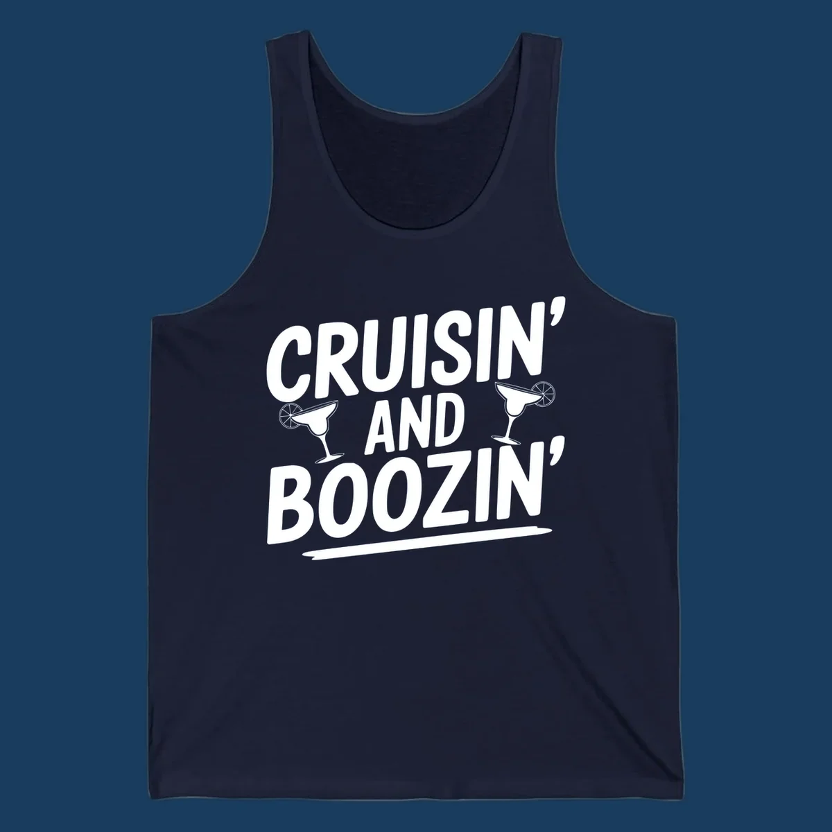 Cruisin' and Boozin' text with margarita glasses, white on black.
