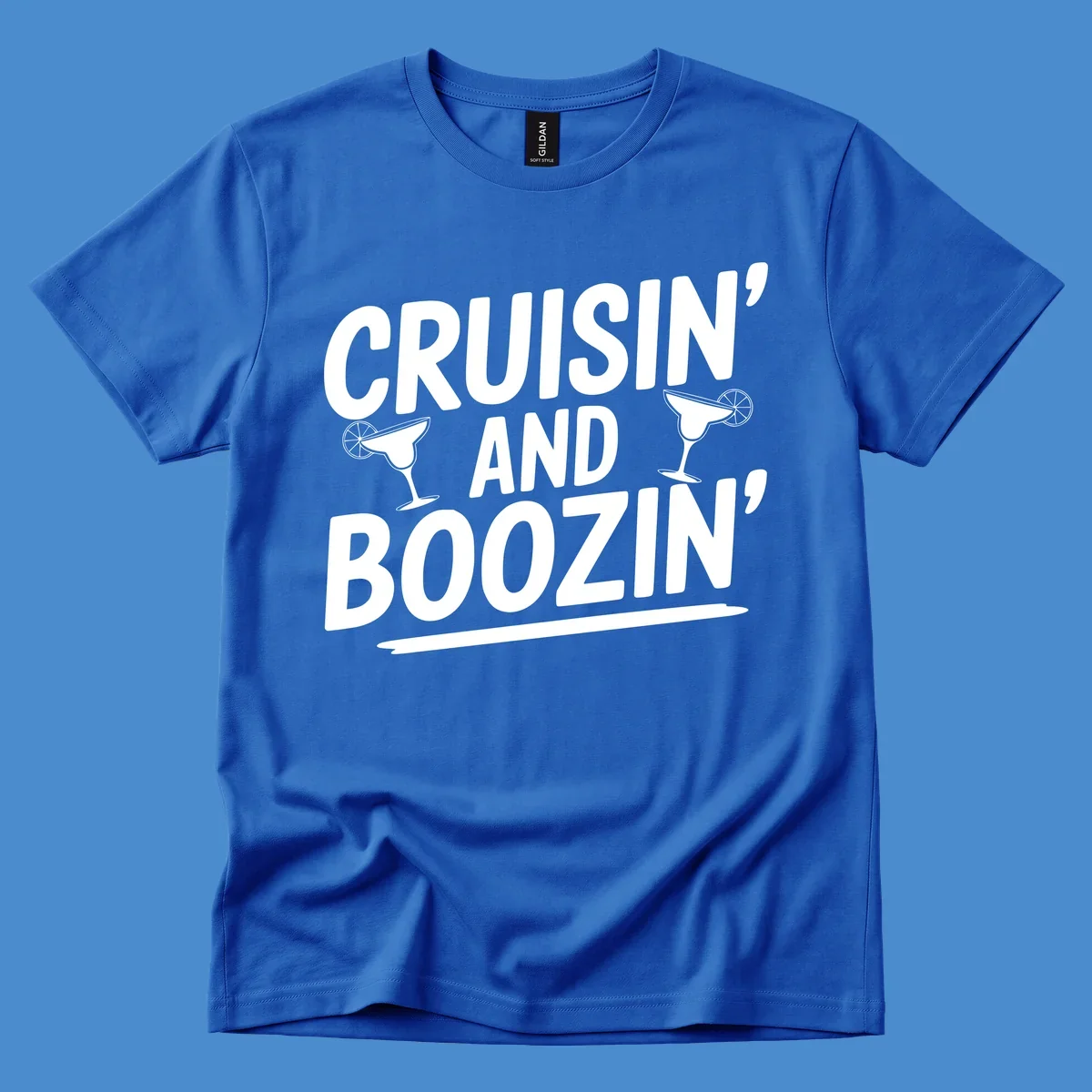 Cruisin' and Boozin' text with margarita glasses, white on black.