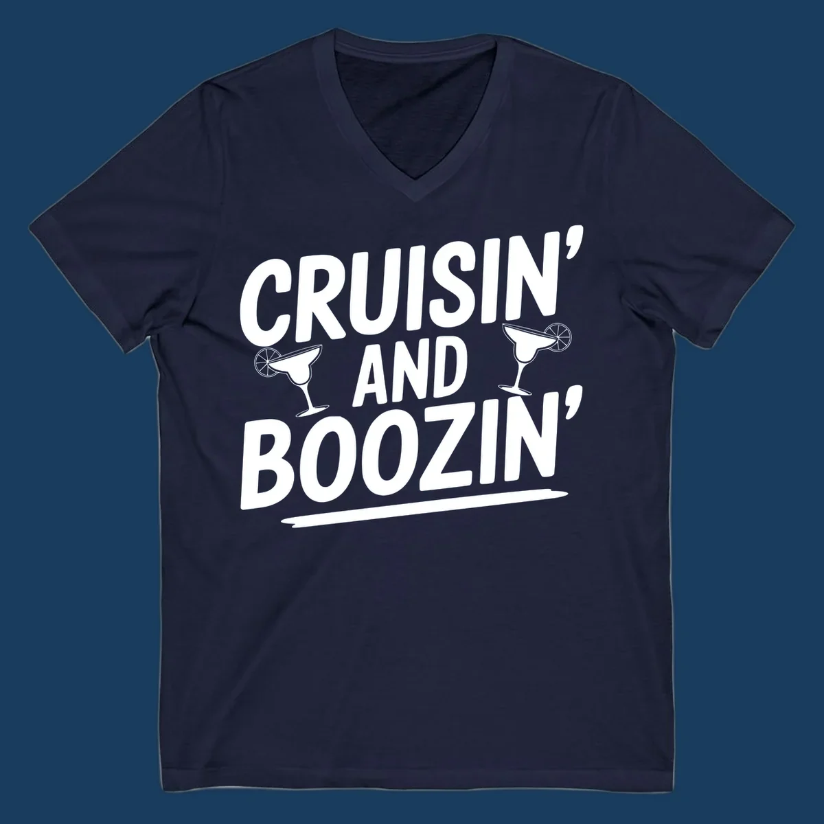 Cruisin' and Boozin' text with margarita glasses, white on black.