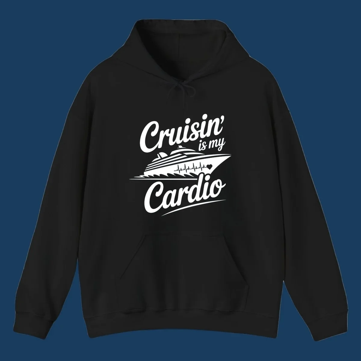 Cruisin is my Cardio text with cruise ship and heartbeat graphic. Cruisin-is-my-cardio
