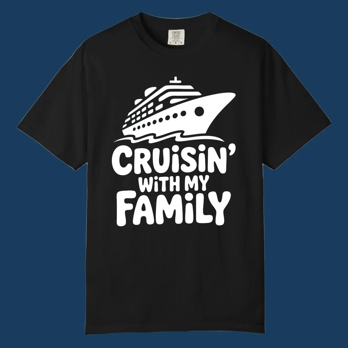 White cruise ship and text that says Cruisin' With My Family. Cruisin-family-cruise.