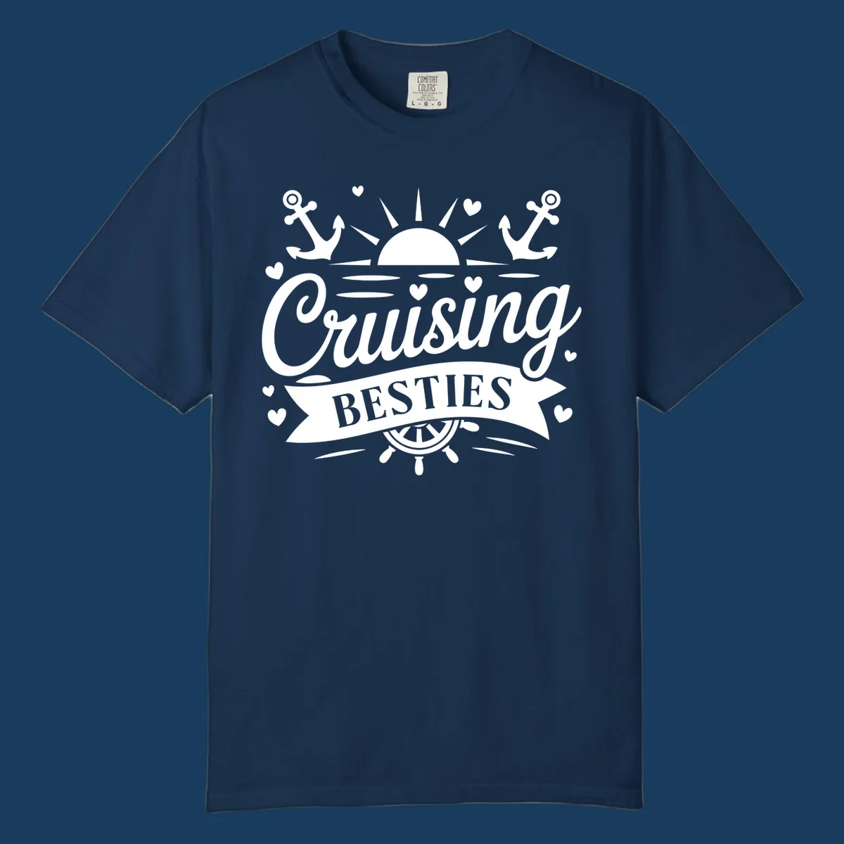Cruising Besties text with sun, anchors, and ship's wheel for a vacation.