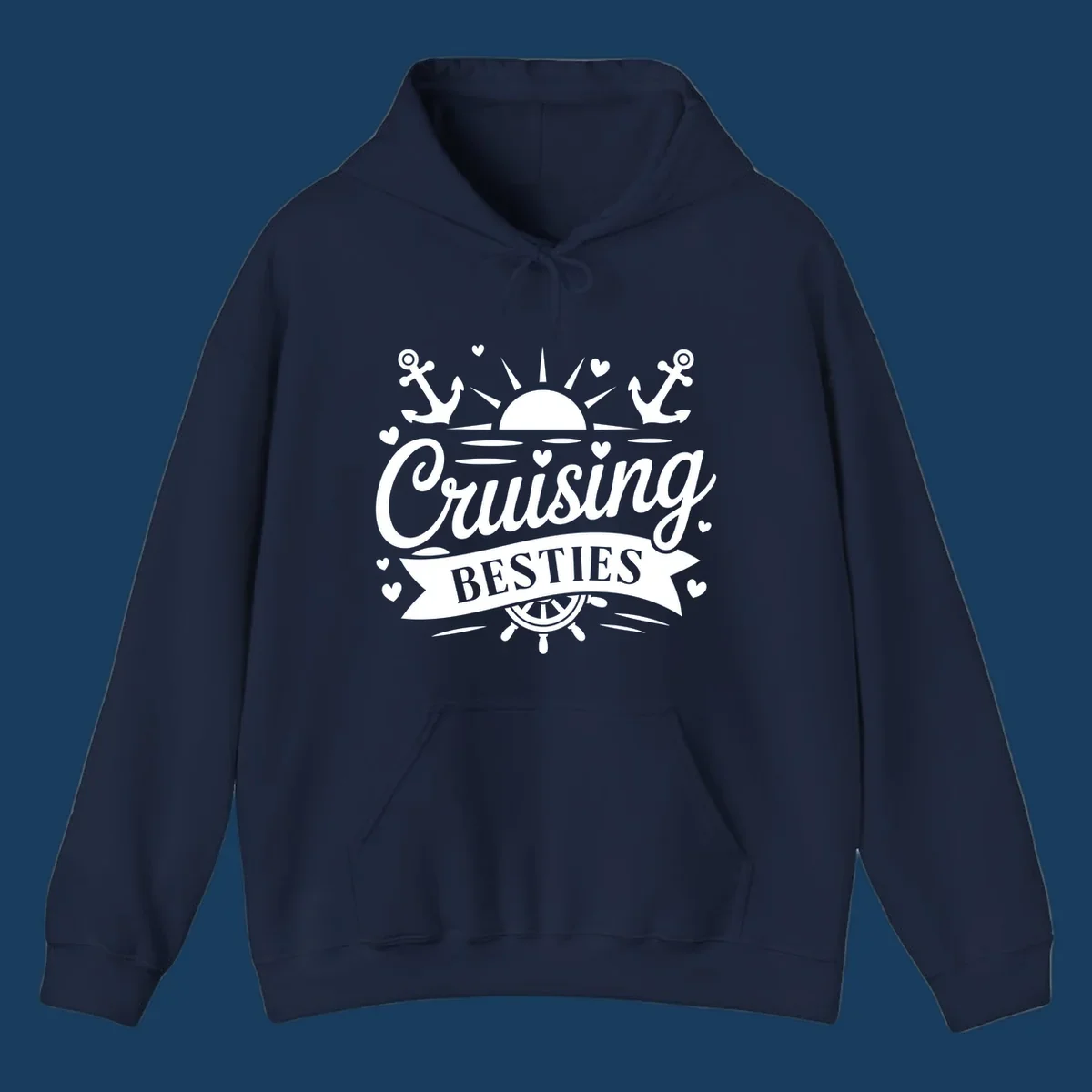 Cruising Besties text with sun, anchors, and ship's wheel for a vacation.