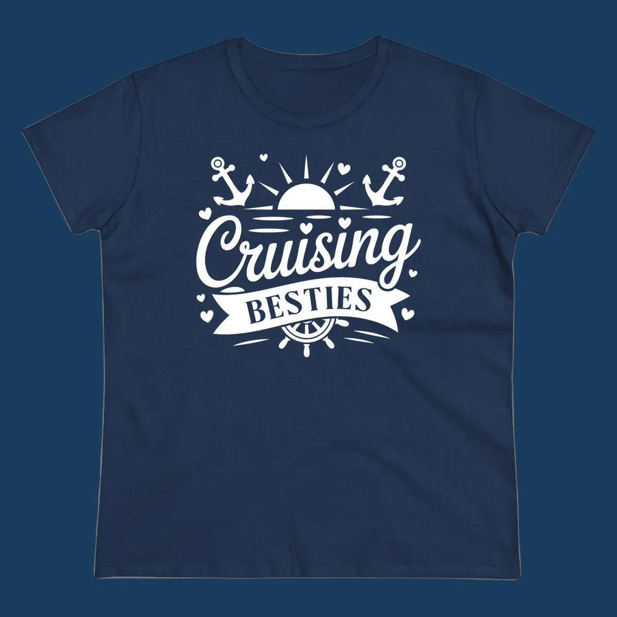 Cruising Besties text with sun, anchors, and ship's wheel for a vacation.