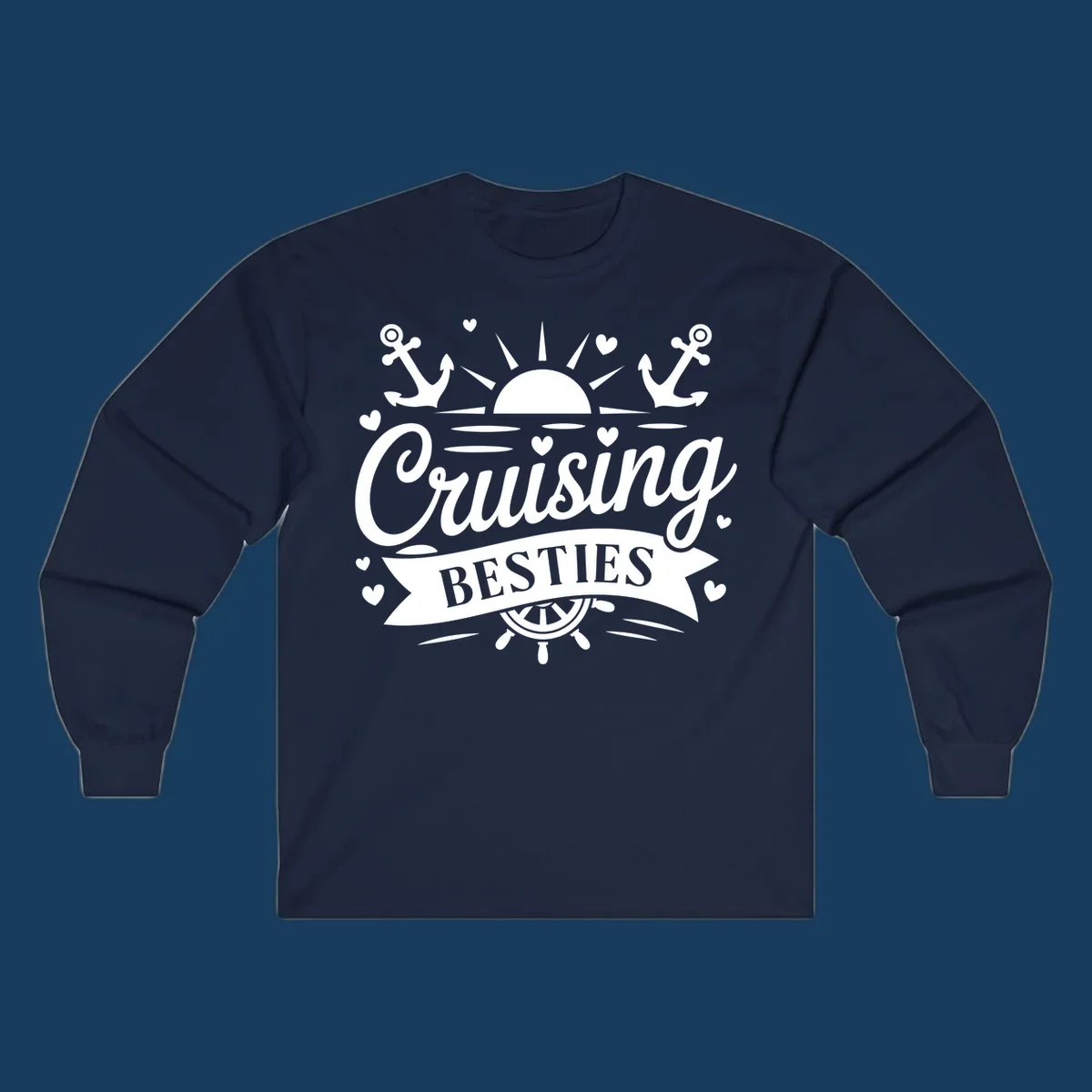 Cruising Besties text with sun, anchors, and ship's wheel for a vacation.