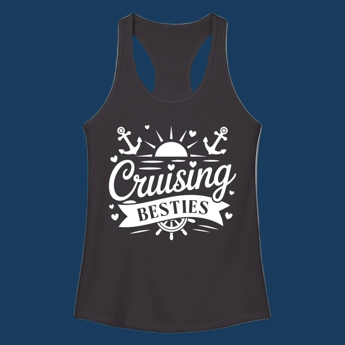 Cruising Besties text with sun, anchors, and ship's wheel for a vacation.