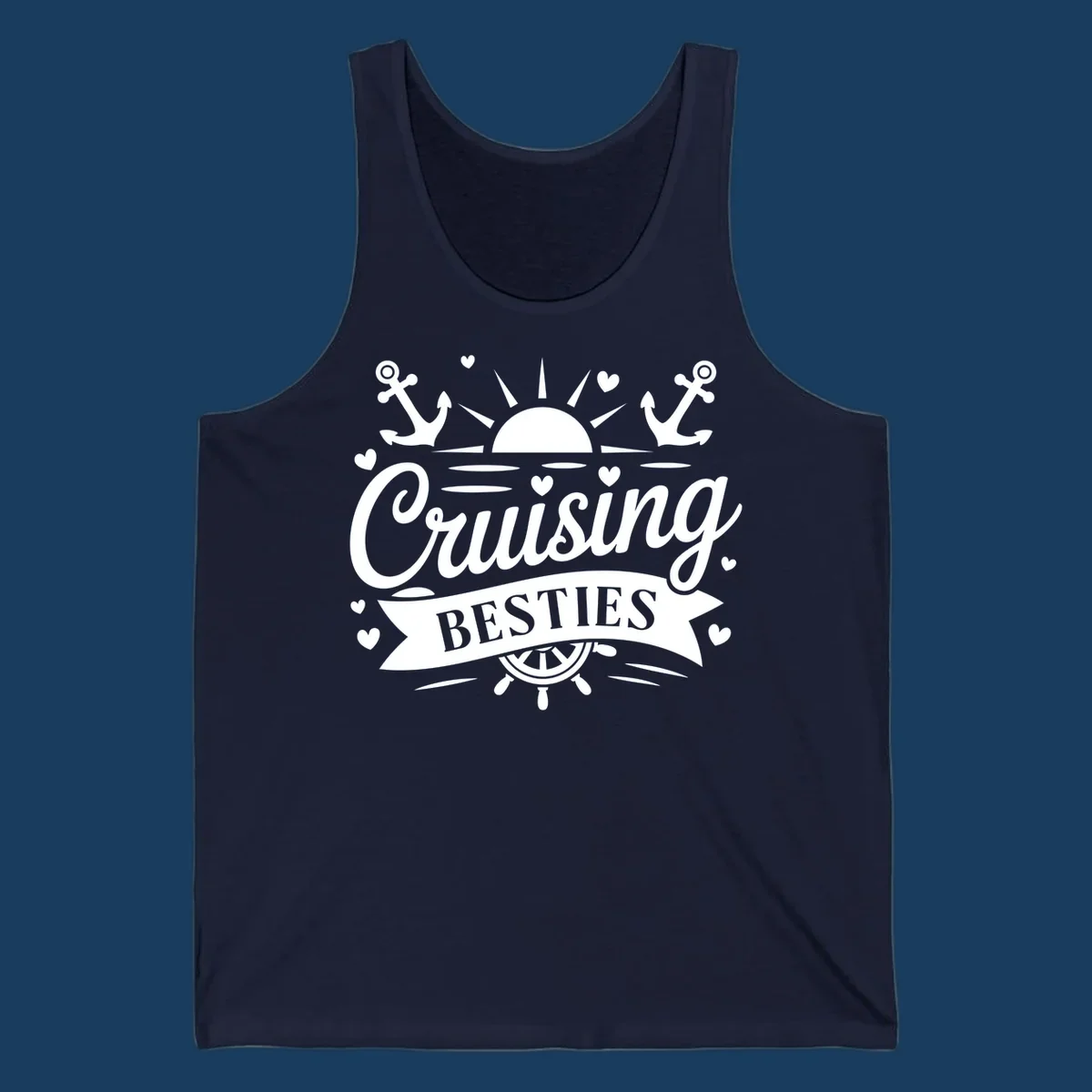 Cruising Besties text with sun, anchors, and ship's wheel for a vacation.