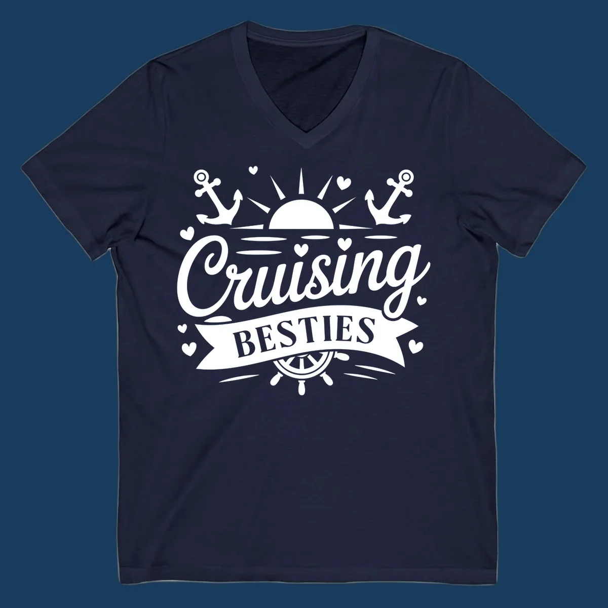 Cruising Besties text with sun, anchors, and ship's wheel for a vacation.