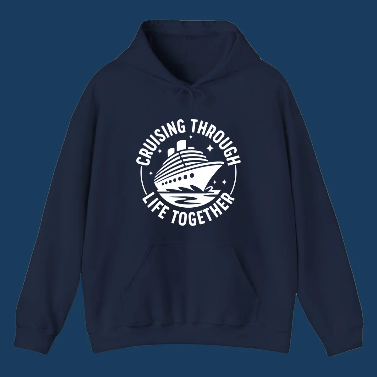 Circular badge design with cruise ship and text 'Cruising Through Life Together' for couples cruise shirts.