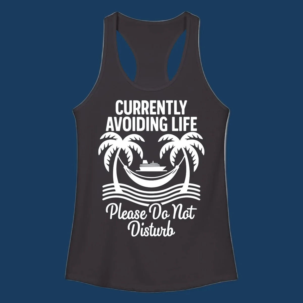 Currently avoiding life cruise design with text and tropical elements, "avoiding-life-cruise"