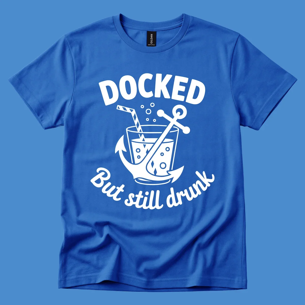 Docked but still drunk cruise design with anchor and drink, funny nautical theme.