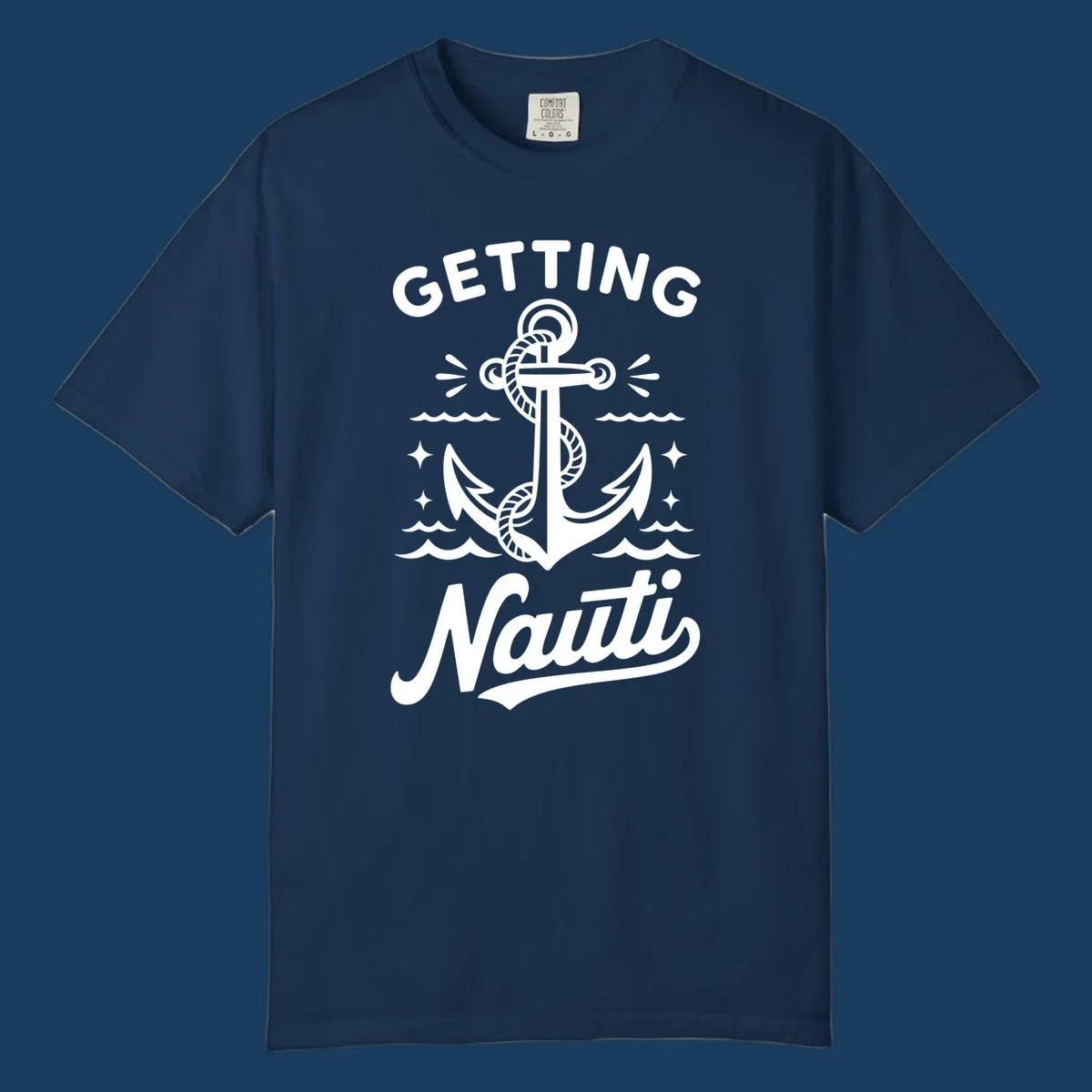 Getting Nauti anchor nautical cruise design with waves and stars.