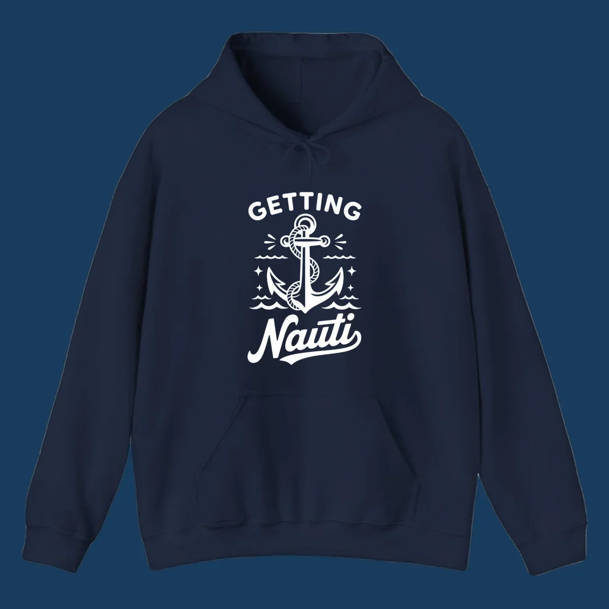 Getting Nauti anchor nautical cruise design with waves and stars.