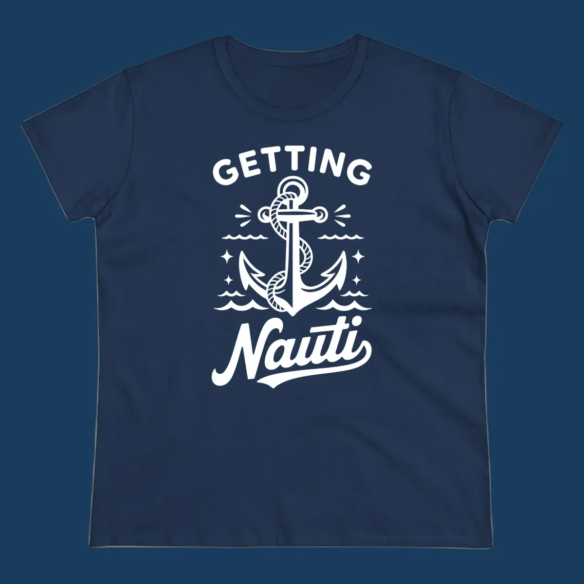 Getting Nauti anchor nautical cruise design with waves and stars.