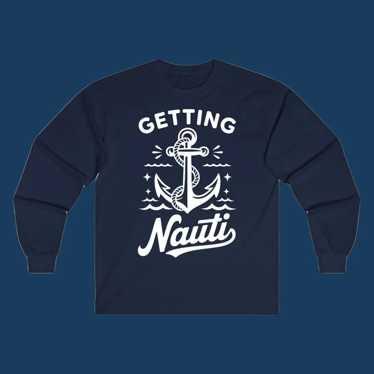 Getting Nauti anchor nautical cruise design with waves and stars.