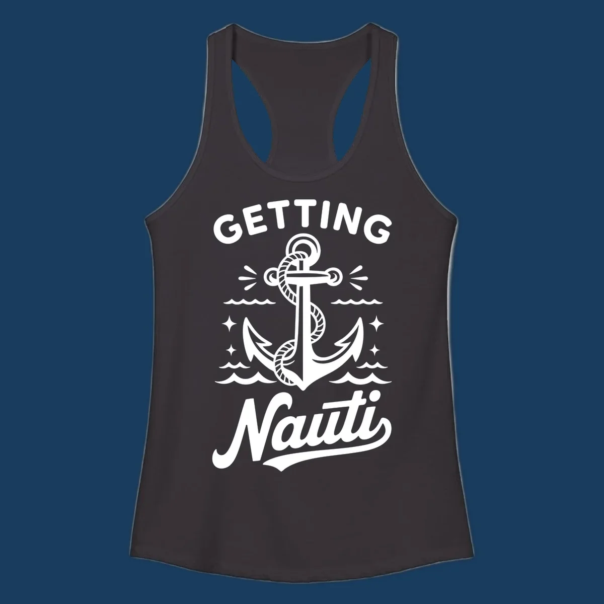 Getting Nauti anchor nautical cruise design with waves and stars.