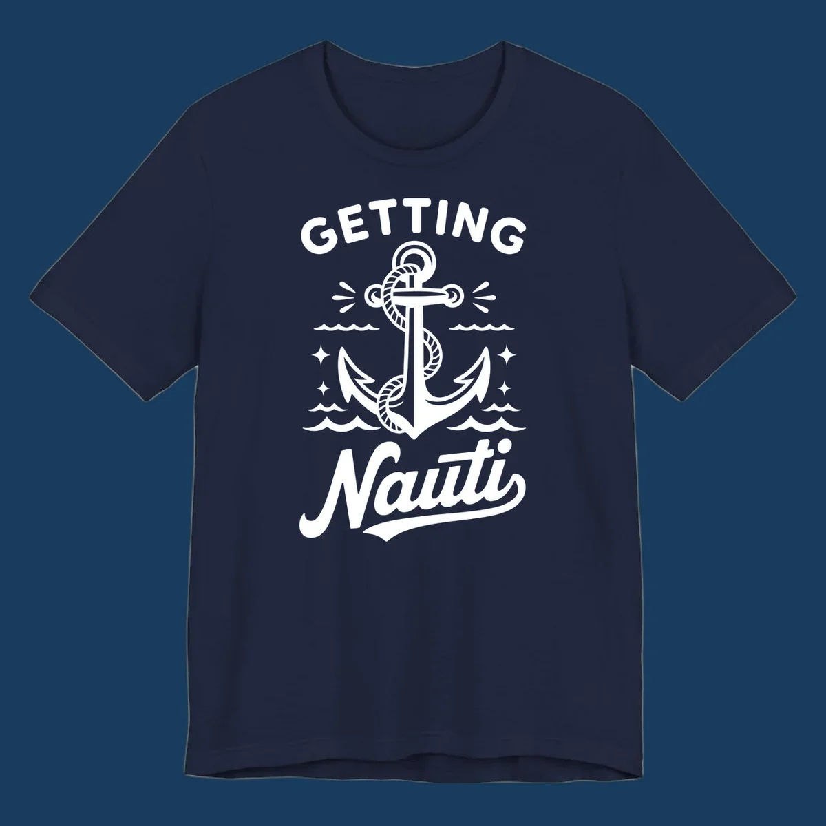 Getting Nauti anchor nautical cruise design with waves and stars.