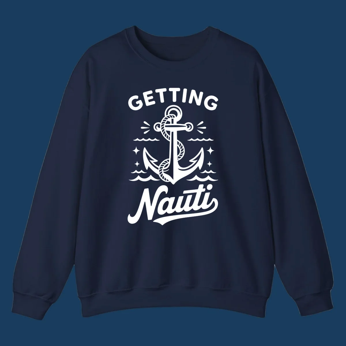 Getting Nauti anchor nautical cruise design with waves and stars.