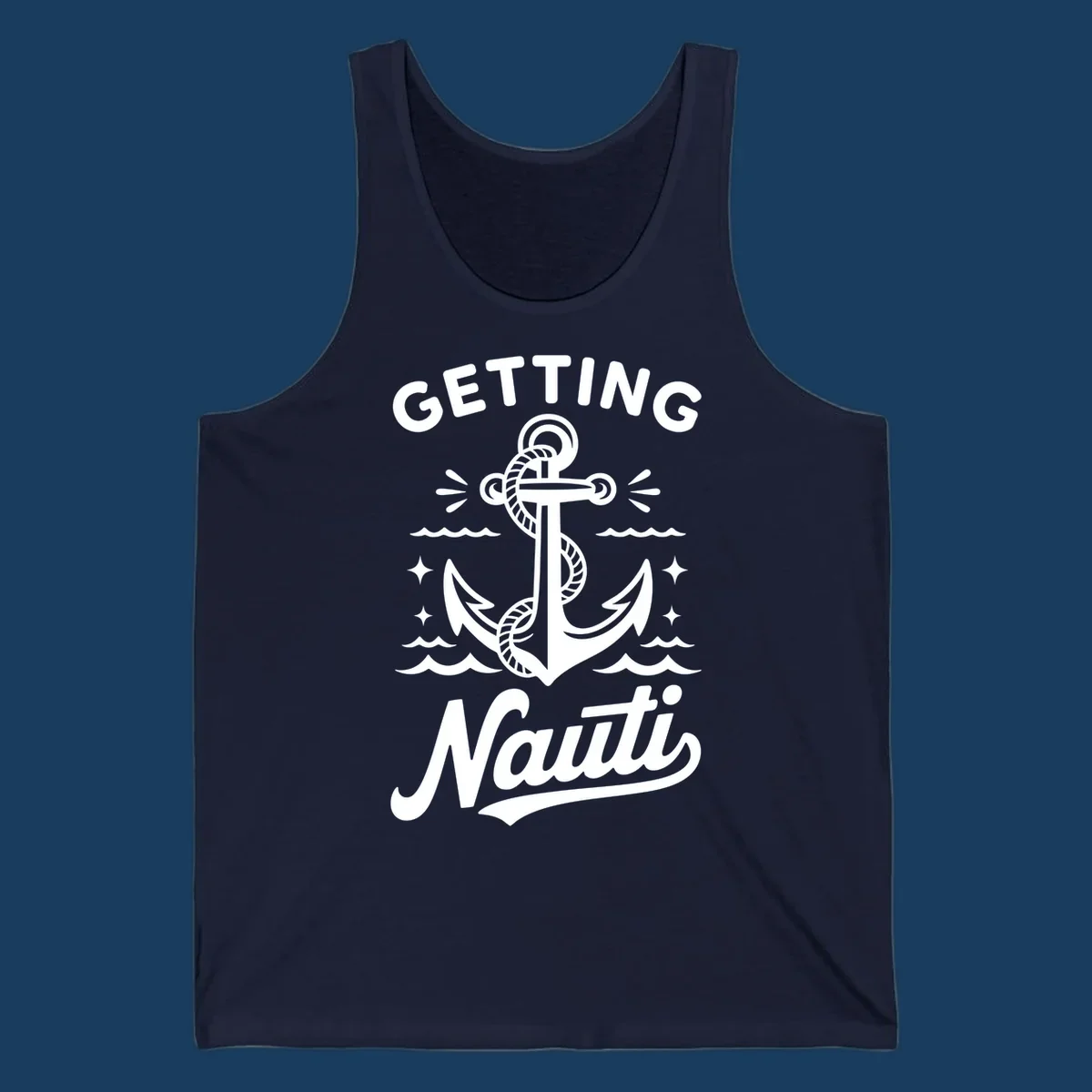 Getting Nauti anchor nautical cruise design with waves and stars.