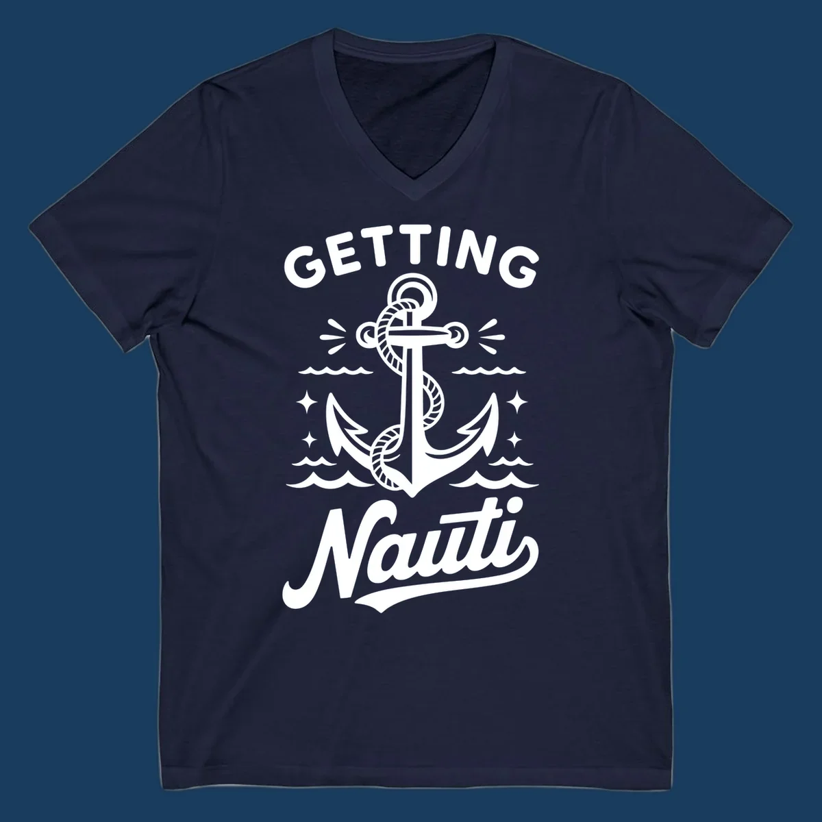 Getting Nauti anchor nautical cruise design with waves and stars.