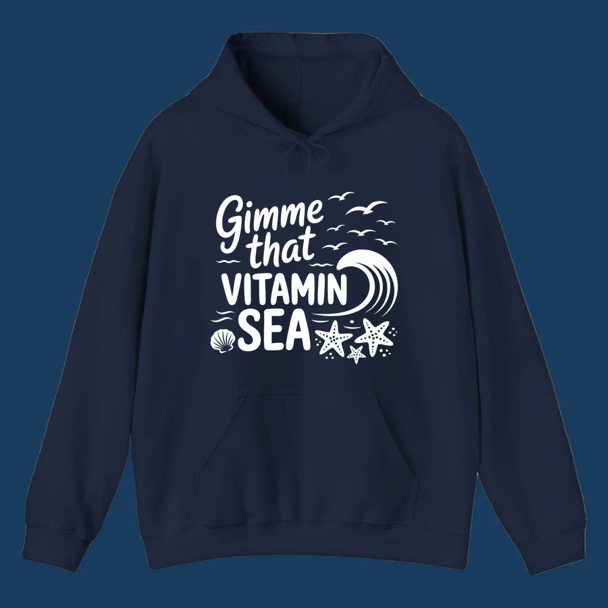 Gimme that Vitamin Sea text with seagulls, wave, starfish, and seashell graphic.