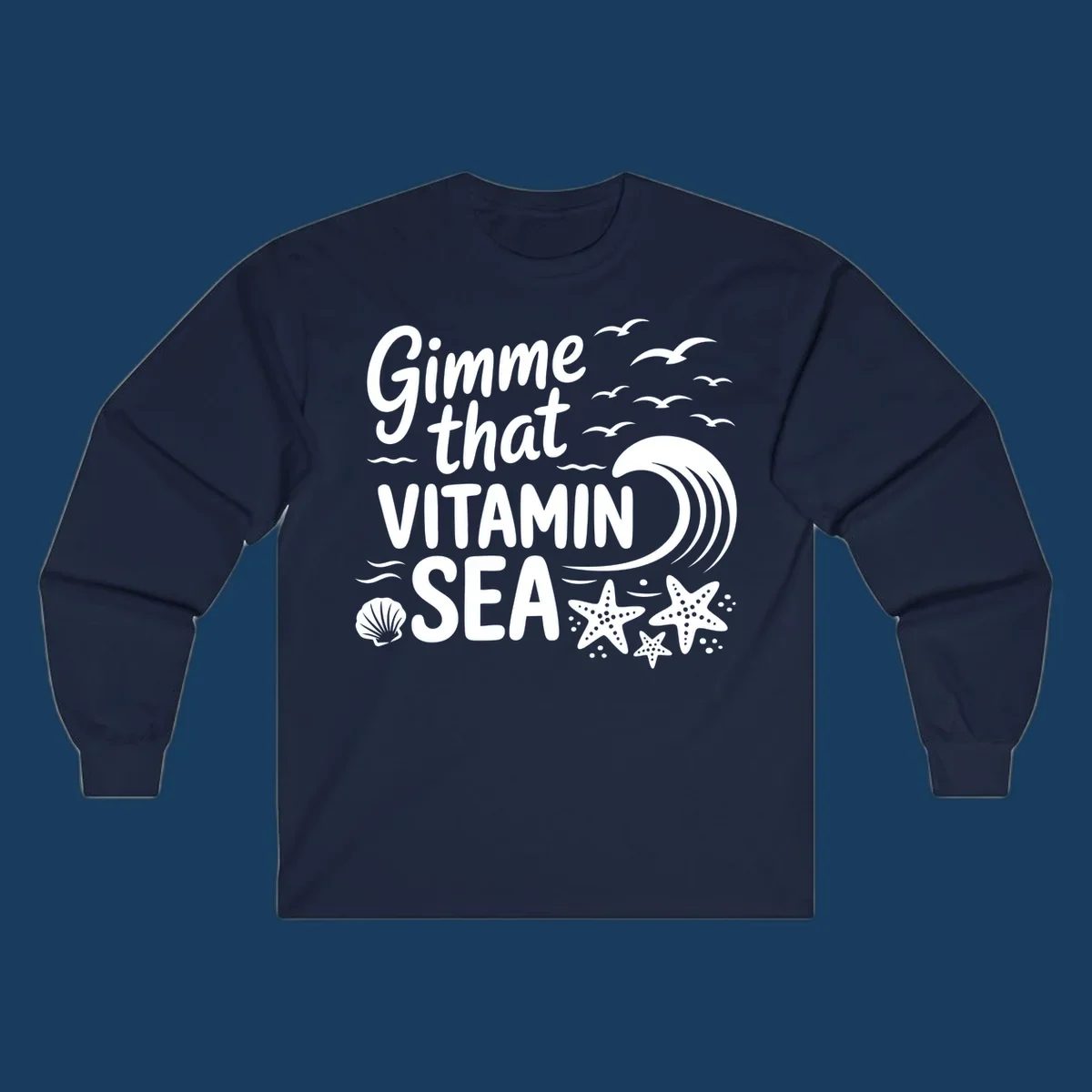 Gimme that Vitamin Sea text with seagulls, wave, starfish, and seashell graphic.