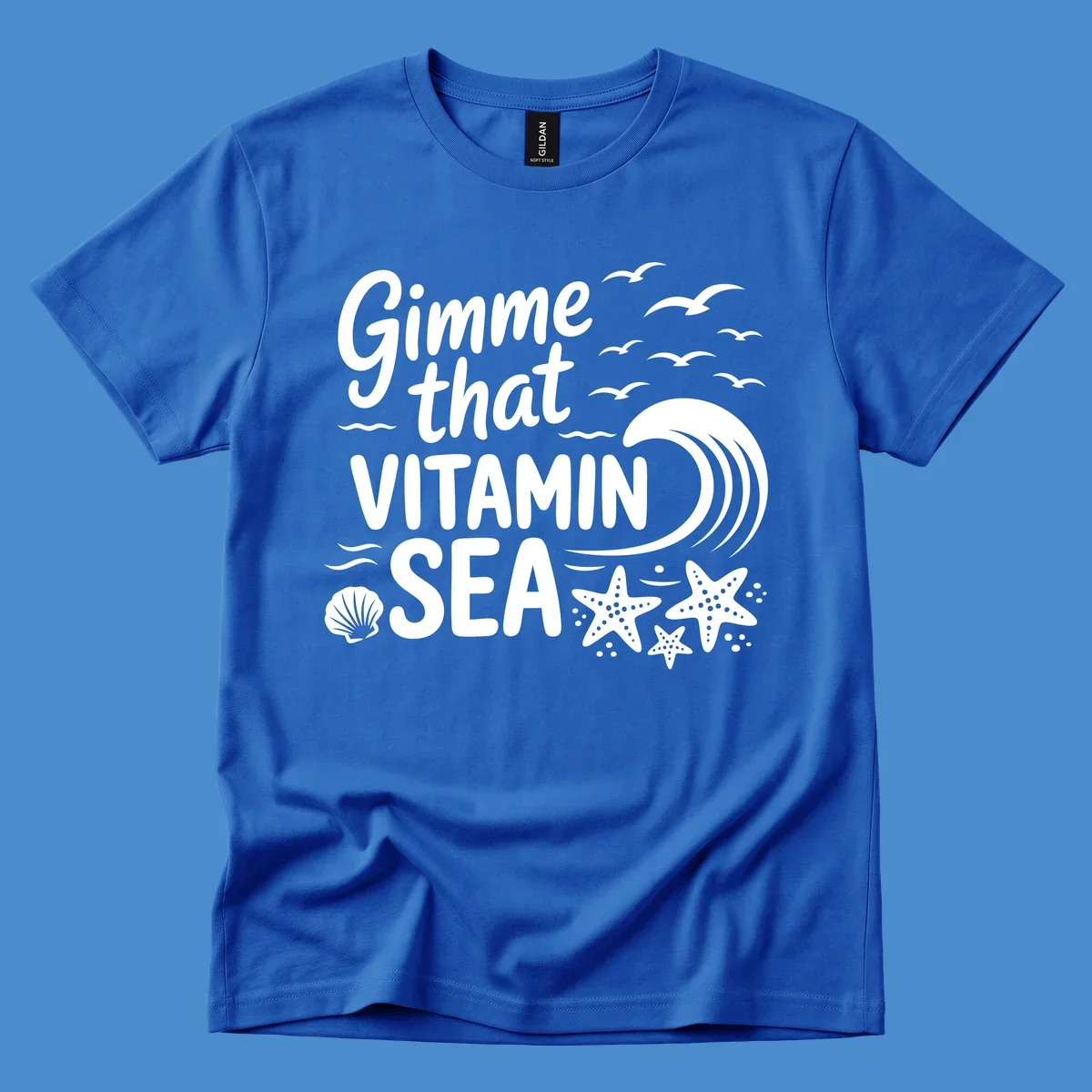 Gimme that Vitamin Sea text with seagulls, wave, starfish, and seashell graphic.