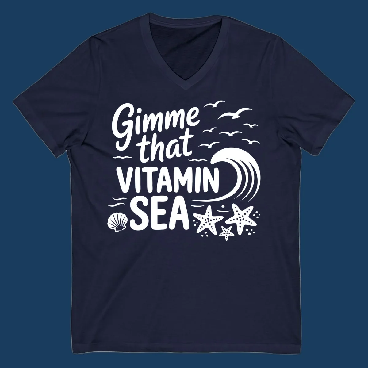 Gimme that Vitamin Sea text with seagulls, wave, starfish, and seashell graphic.