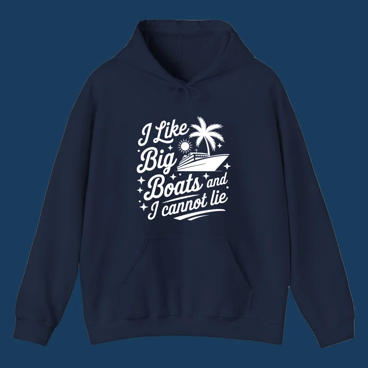 Text and illustration of a cruise ship with palm tree, saying "I Like Big Boats and I Cannot Lie".